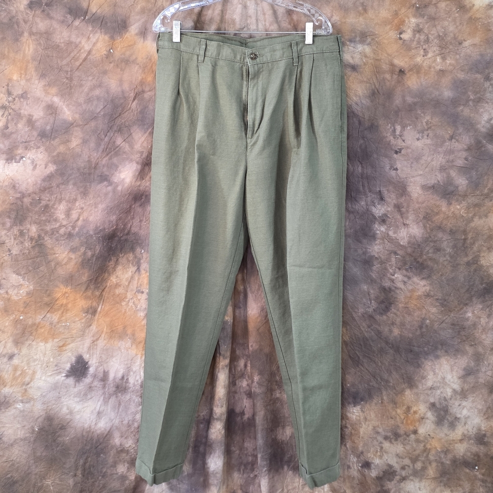 Van Heusen Mens Pants 34x30 Pleated Front Pockets Linen Olive Green - Picture 2 of 6